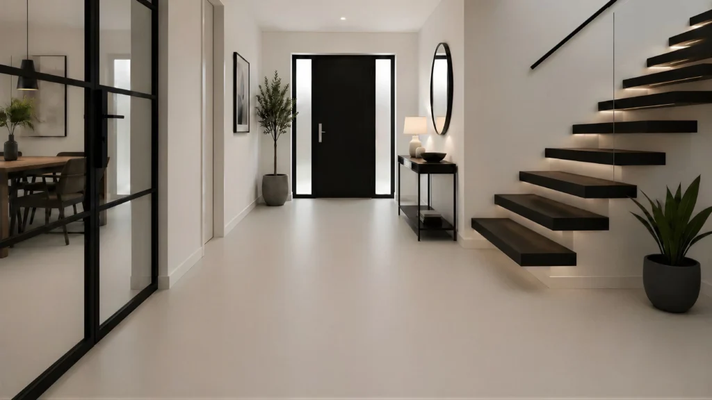 Light grey Bio Resin flooring in a modern hallway with a floating staircase